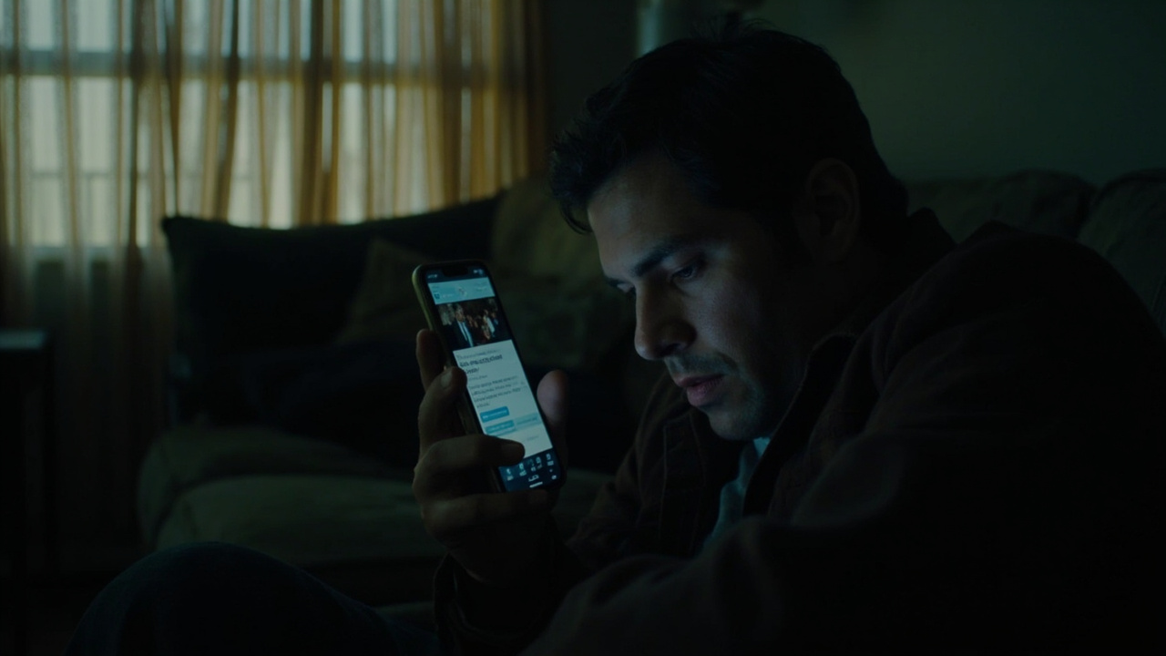 A person sitting on a couch holding a phone with a news app open, hands tense, soft lamp light in background