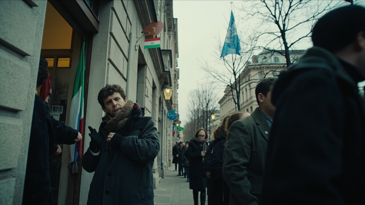 A Budapest street scene with Hungarian and Tisza party flags visible, voters lined up outside a polling station on a gray spring morning