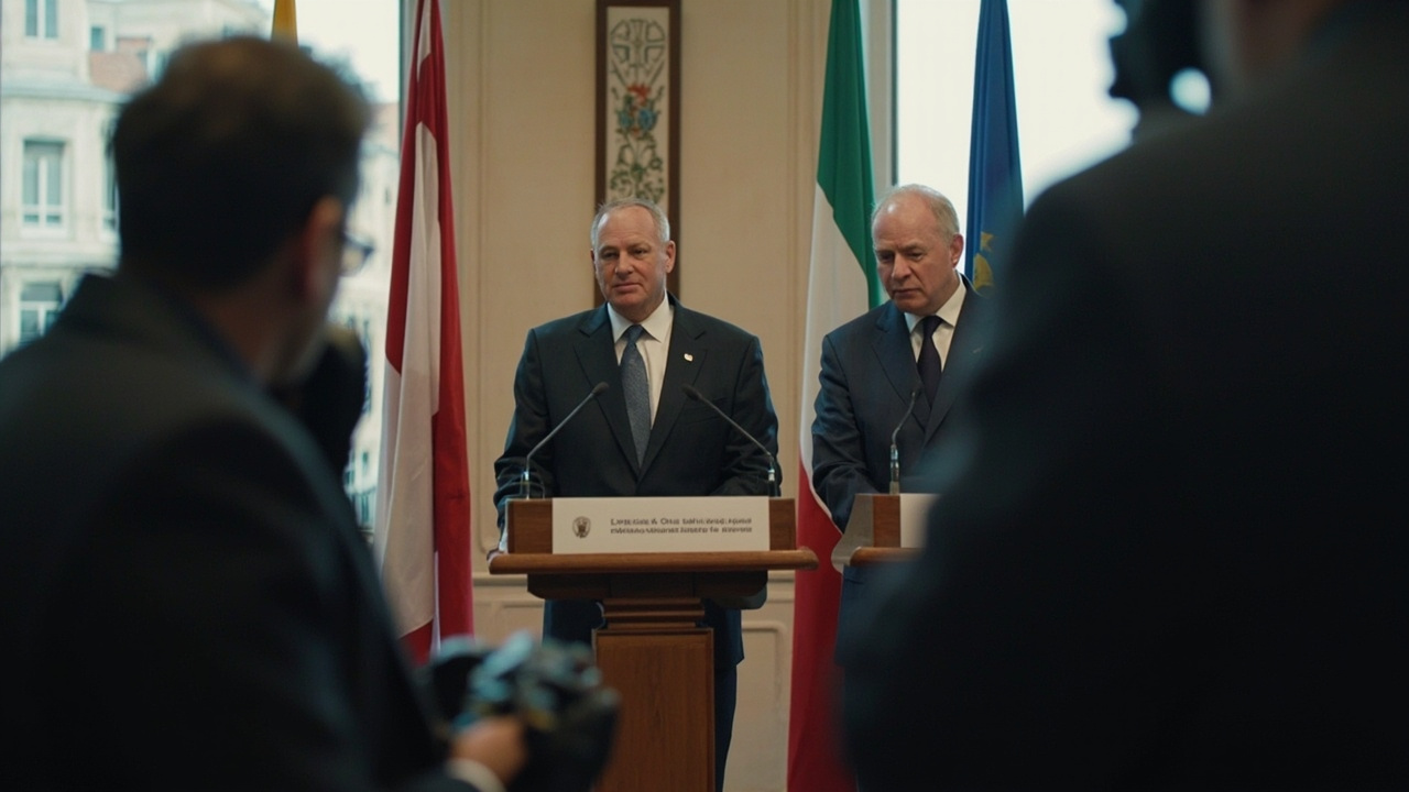 JD Vance and Viktor Orbán standing side by side at a joint press conference in Budapest, Hungarian and American flags behind them