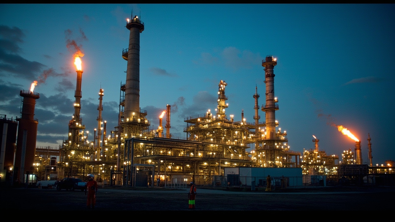 An Indian oil refinery complex at dusk with flames from flare stacks visible, workers in foreground