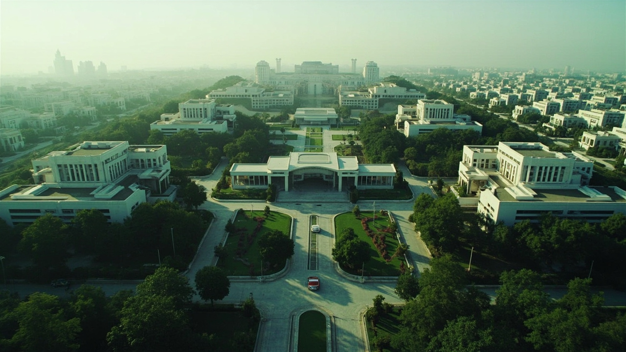 Aerial view of Islamabad's diplomatic quarter with foreign ministry building and wide boulevards lined with trees