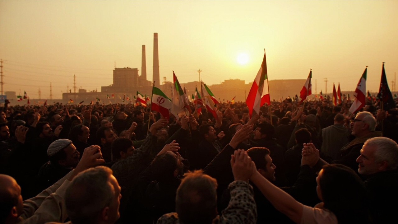 A long human chain of civilians surrounding an industrial power plant at dusk, Iranian flags visible, the crowd stretching out of frame
