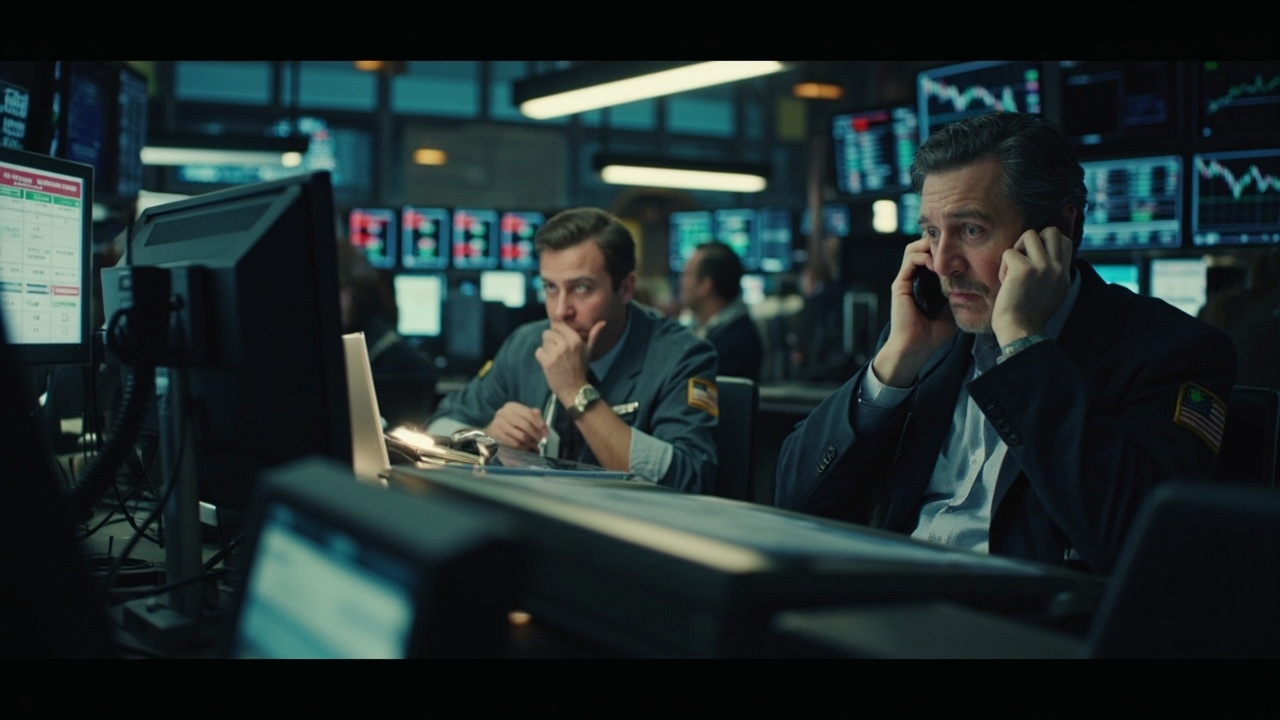 Traders at a commodities exchange desk with multiple screens showing oil price charts, some celebrating, one looking skeptical