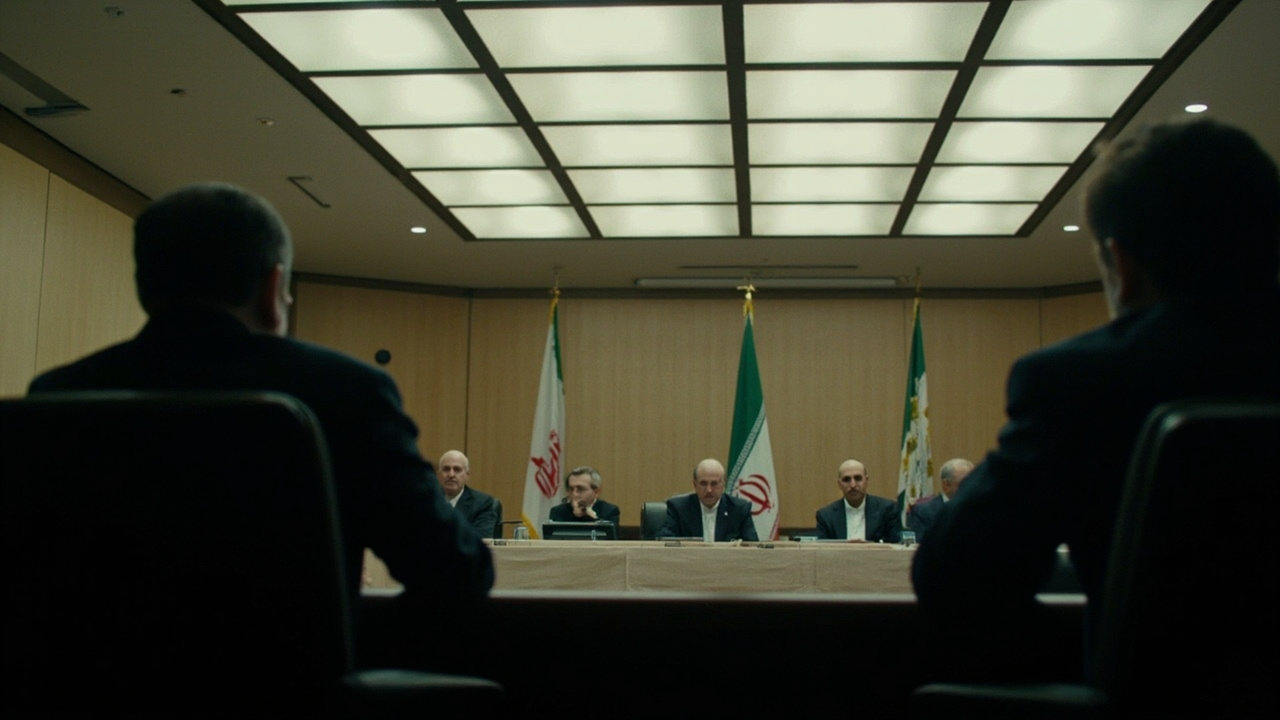 Iranian officials seated in a formal council chamber, Iranian flag visible, under fluorescent lights