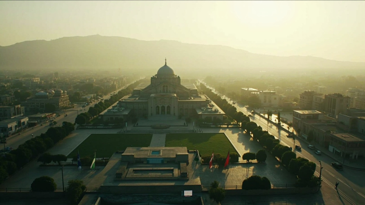 An aerial view of Islamabad's diplomatic district with the Foreign Ministry building visible, Pakistani flags flying, morning light on the Margalla Hills in the background