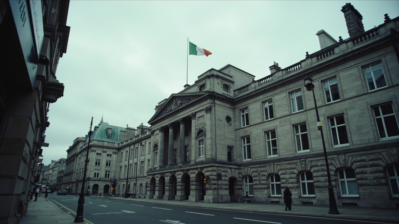 The Irish tricolour flag flying above the Department of Foreign Affairs in Dublin on a grey morning