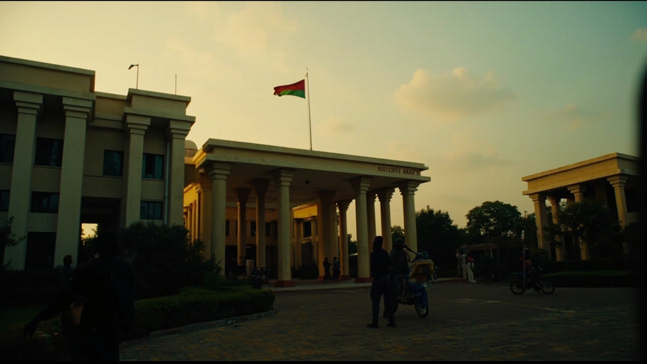 The Pakistan Foreign Ministry building in Islamabad at dusk, Pakistani flag flying above the main entrance