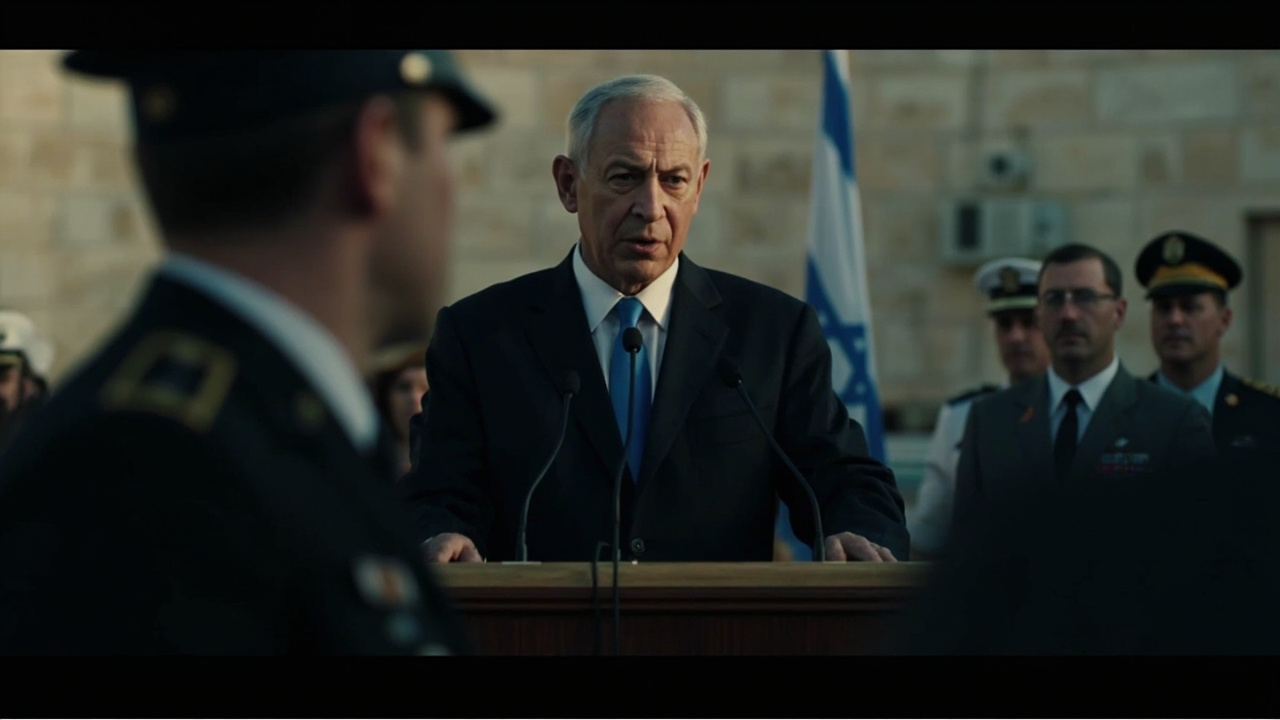 Benjamin Netanyahu at a podium with Israeli flag behind him, a tense expression, officials visible to his right