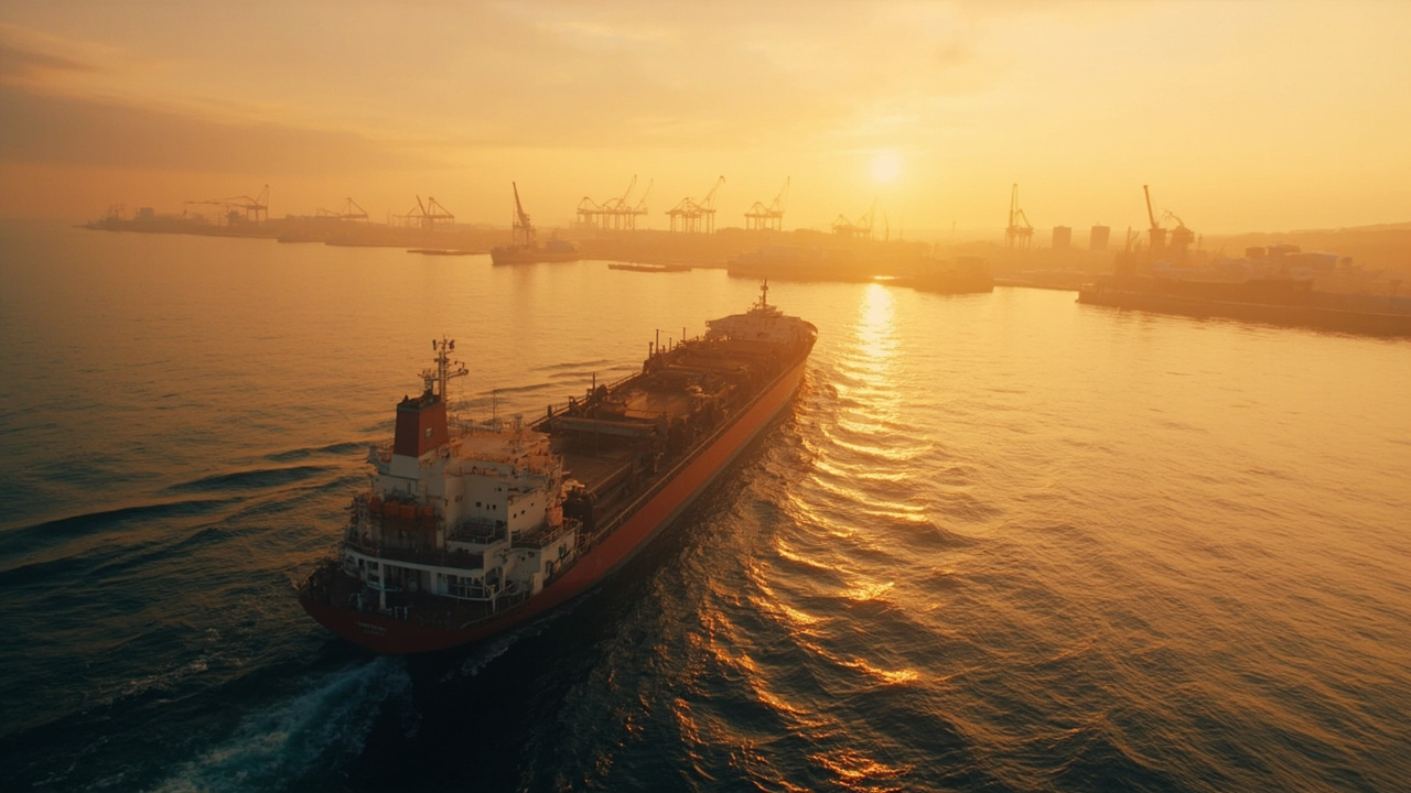 A large oil tanker flying the Japanese flag entering a Tokyo Bay terminal at sunrise