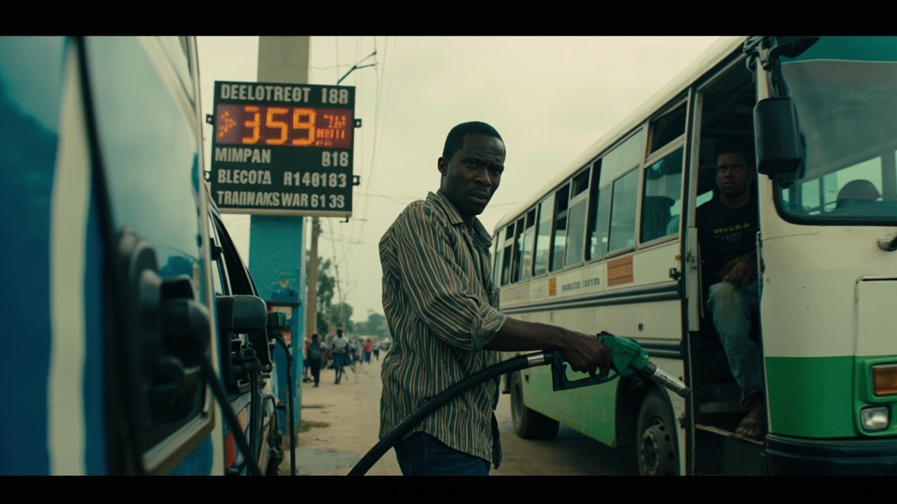 A fuel attendant in Nairobi filling a matatu minibus at a busy petrol station, price board visible