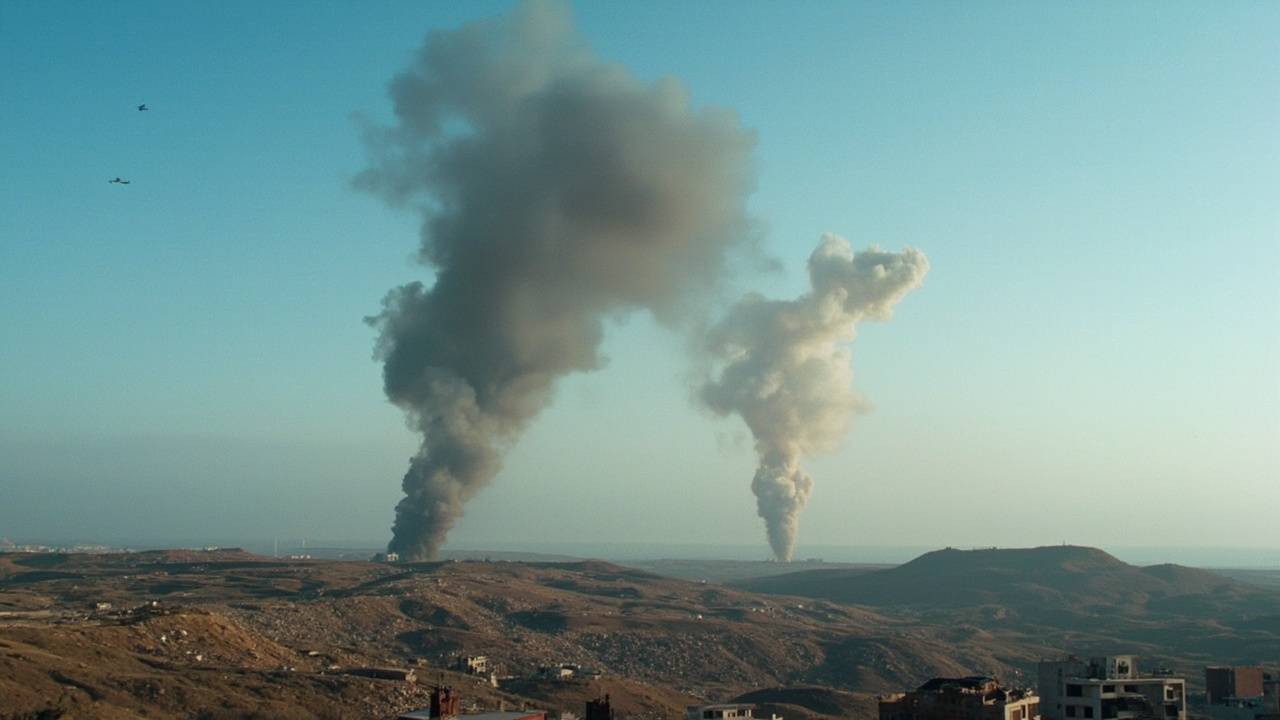 Smoke rising over southern Lebanon with an inset of Benjamin Netanyahu at a podium, military aircraft visible in the sky above Beirut's outskirts