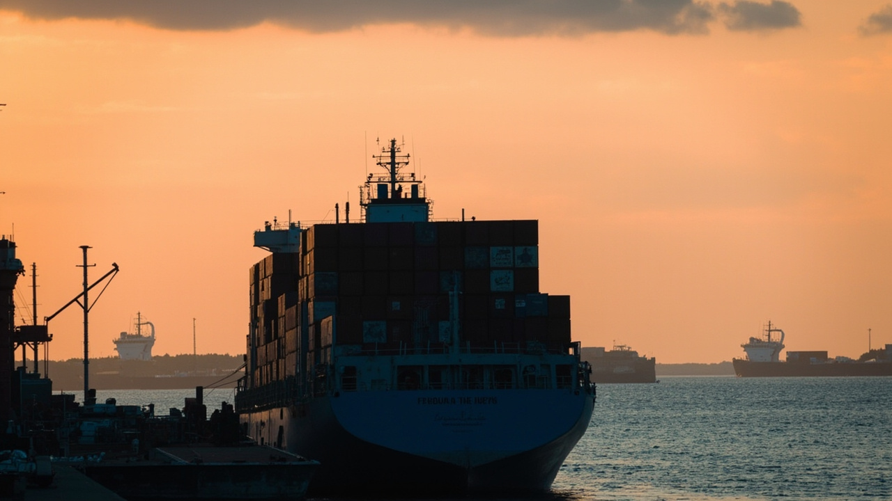 A large Maersk container ship anchored in a Gulf port at sunset, other vessels visible in the background