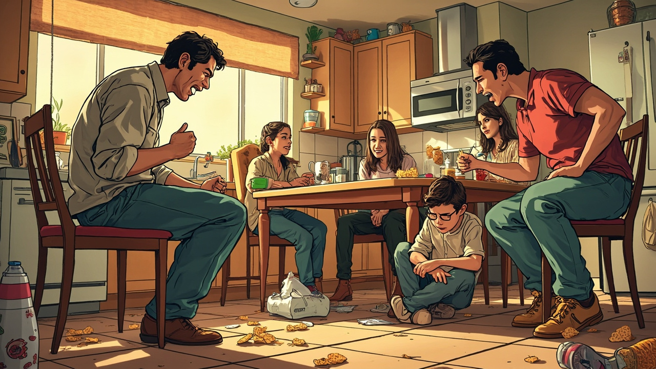 A suburban kitchen in disarray with multiple family members in argument poses, updated to modern clothing and decor but recognizably the same family dynamic