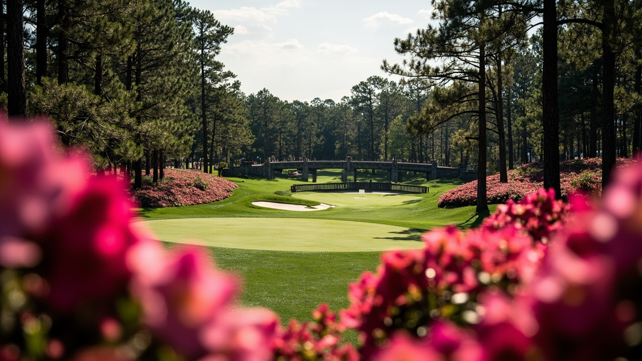 Augusta National's 12th hole at Amen Corner, the azaleas in full April bloom, the green and white course pristine under a clear spring sky