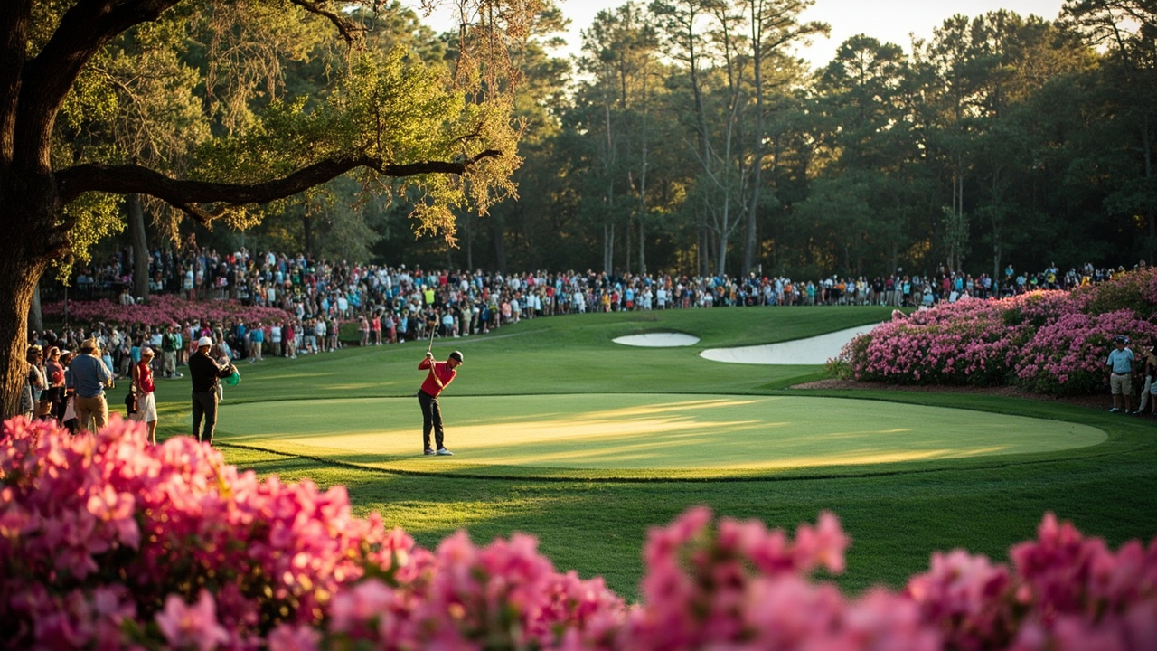 Augusta National Golf Club's 16th hole Par-3 course with azaleas in full bloom, a golfer teeing off with galleries watching