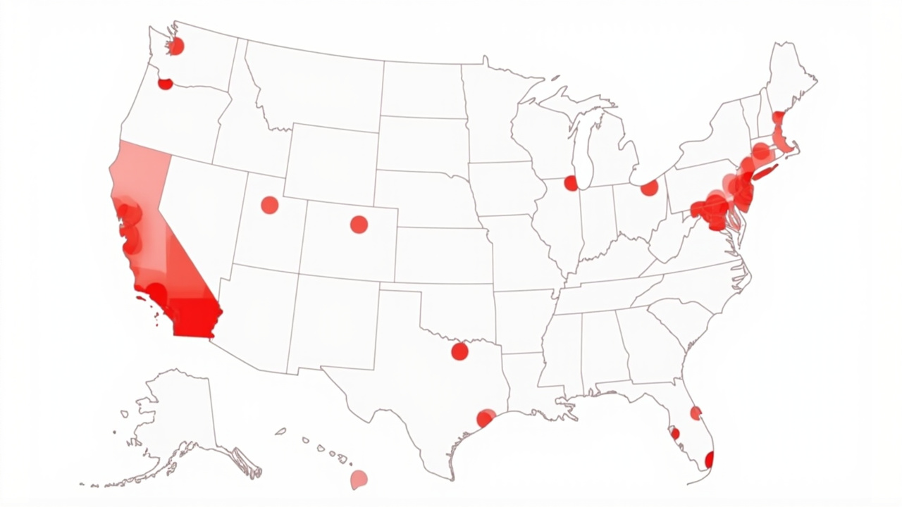 A map of the United States showing measles outbreak locations marked in red across 31 states, concentration visible in the Southeast and Midwest
