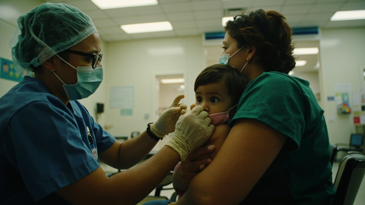 A South Carolina public health clinic with a nurse administering a vaccine to a young child, waiting room visible in background