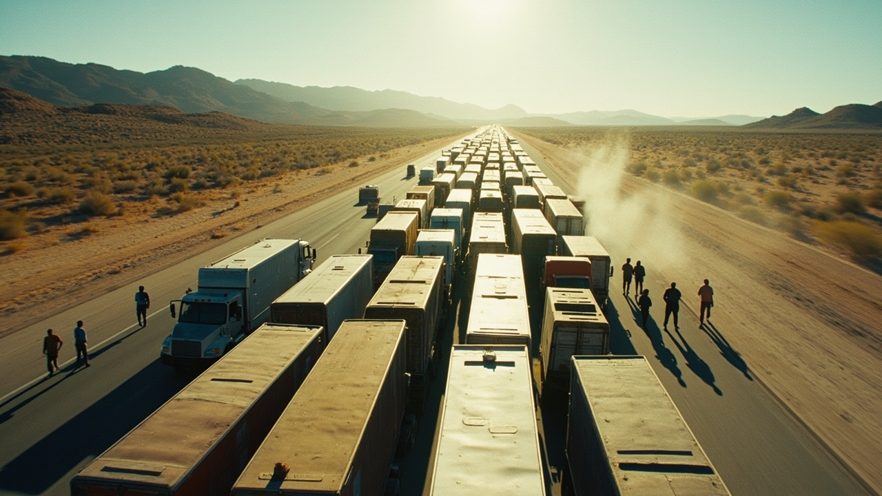Long line of parked semi-trucks blocking a major Mexican federal highway, drivers gathered in small groups beside the road