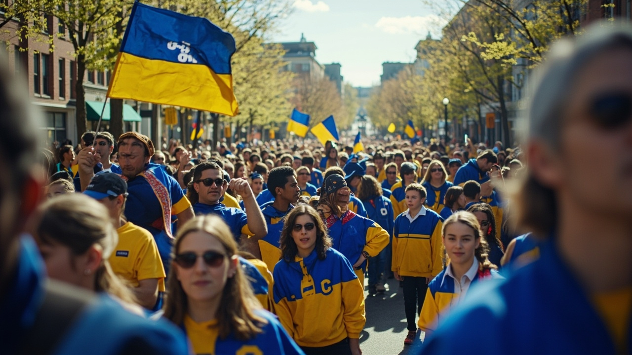 Ann Arbor's State Street with a crowd of fans in maize and blue preparing for a parade, the Michigan Stadium visible in the background