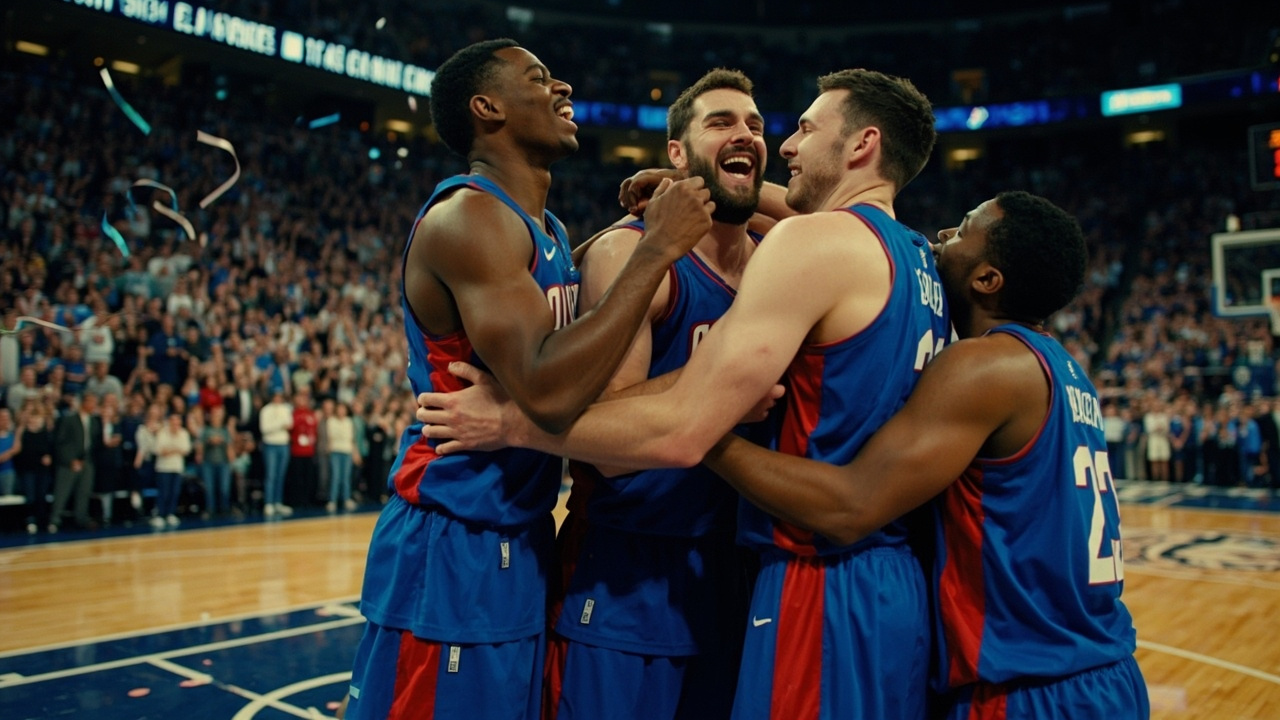 Detroit Pistons players celebrating on the court after clinching the Eastern Conference top seed, Little Caesars Arena in background