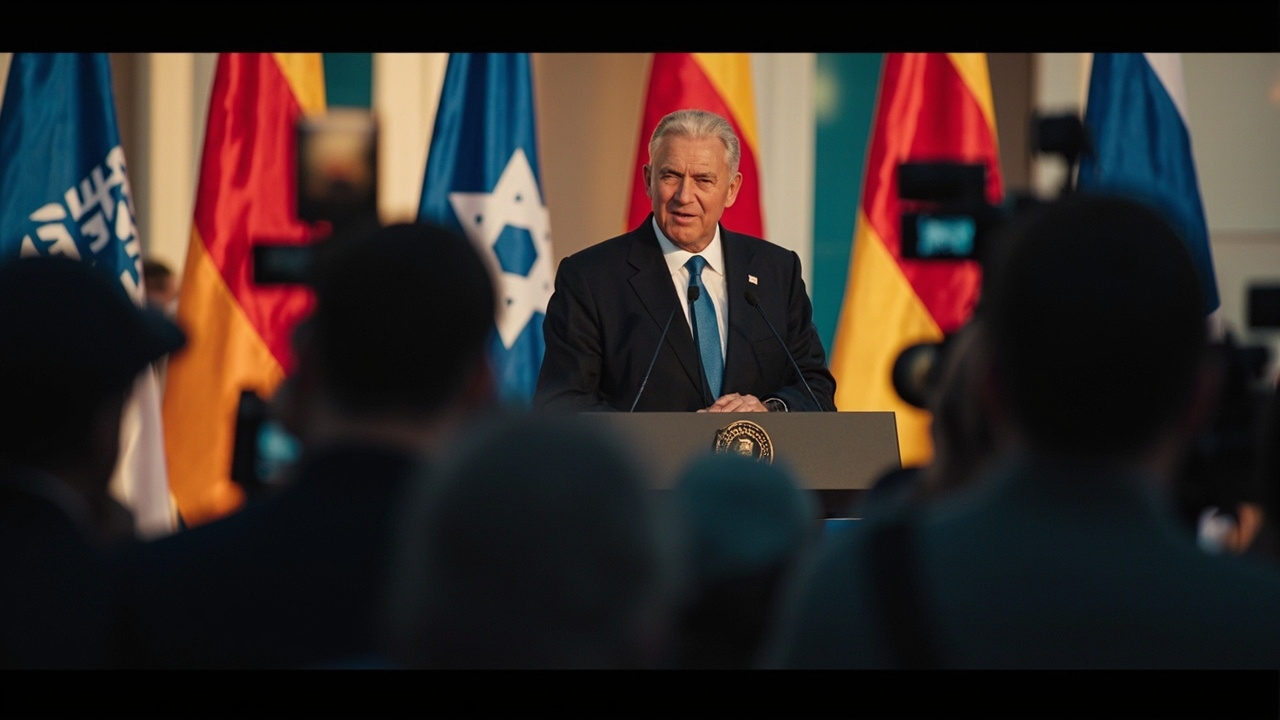 Benjamin Netanyahu speaking at a podium with Israeli flags behind him at a press conference