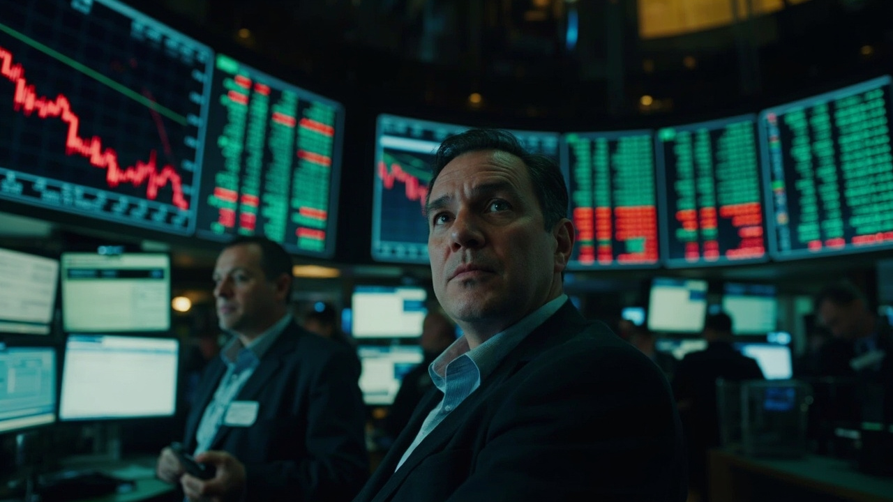 A trading floor with screens showing sharp downward oil price charts alongside rising stock market indices, traders watching with mixed expressions