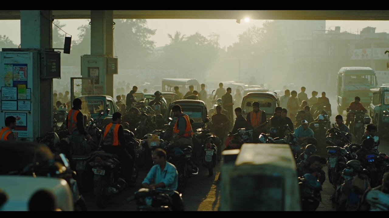 Long queue of motorcycles and rickshaws at a fuel pump in Lahore, attendants in orange vests visible