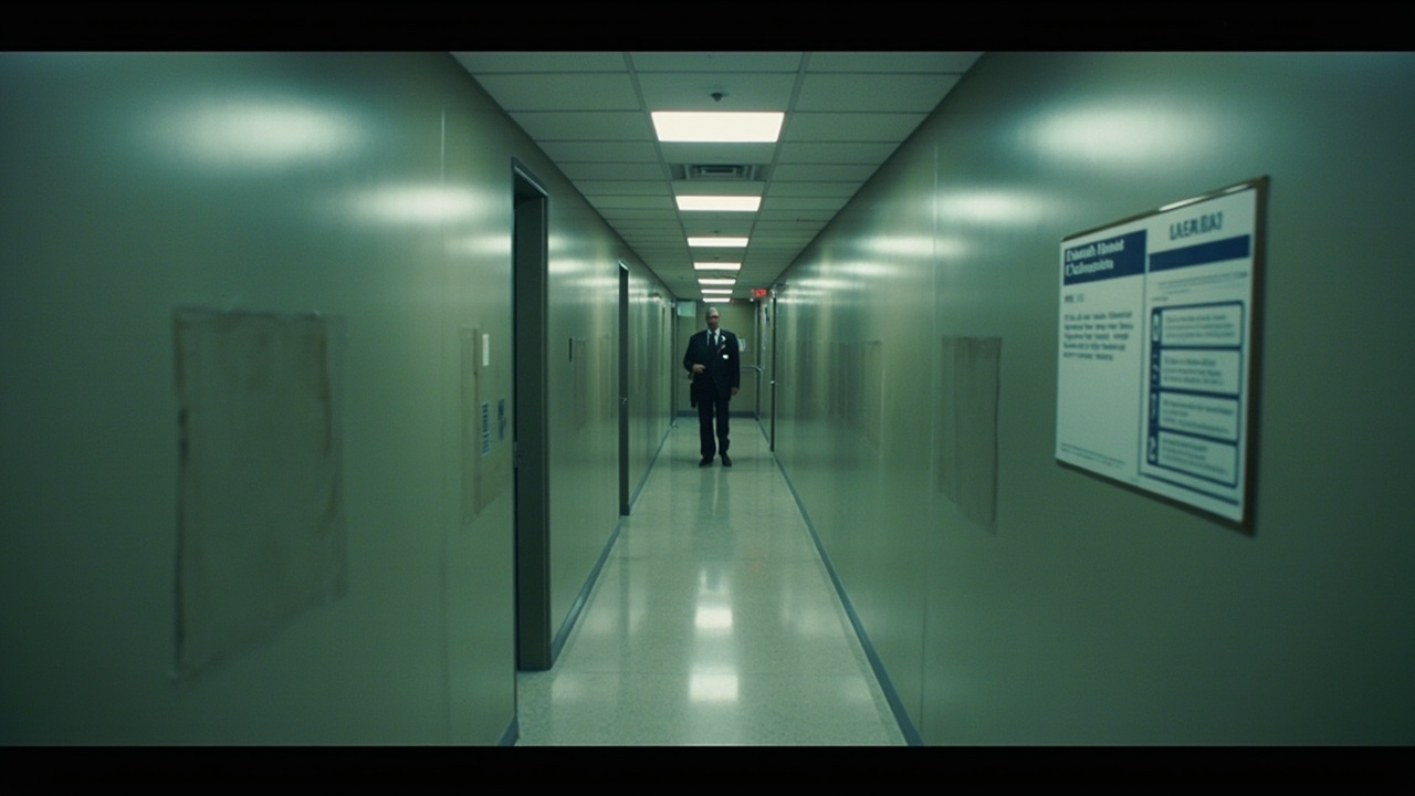 Empty hallway inside the Pentagon with press signage removed, a lone security guard near a door marked with new access restrictions