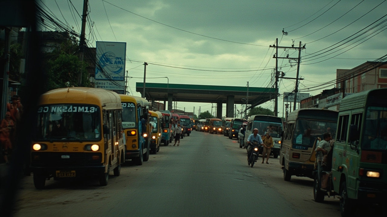 Long queue of jeepneys and trucks at a gas station in Manila, drivers waiting outside their vehicles in humid heat
