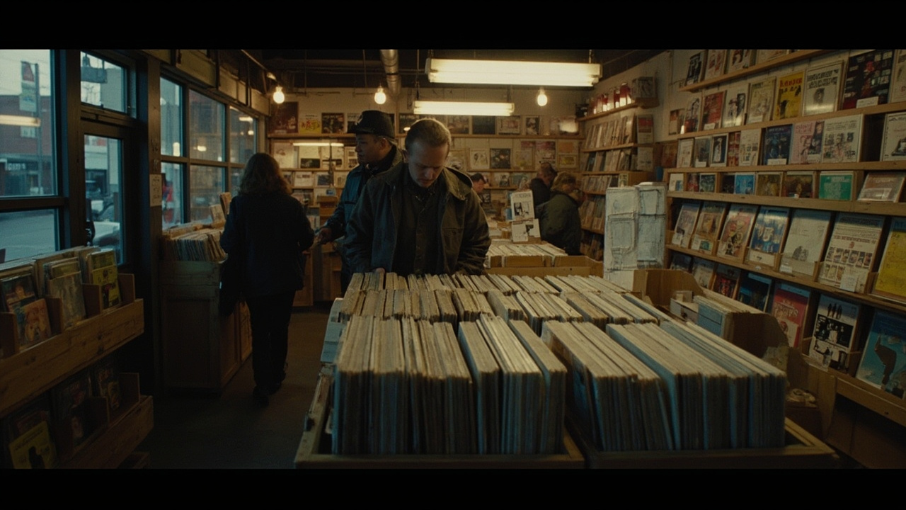 A vinyl record store interior with customers browsing rows of records, RSD promotional displays visible