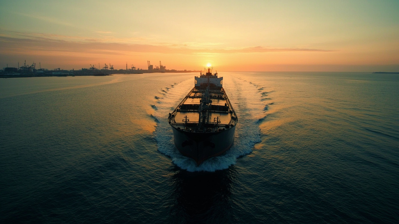 An oil tanker navigating narrow waters at dawn with refinery towers silhouetted in the background