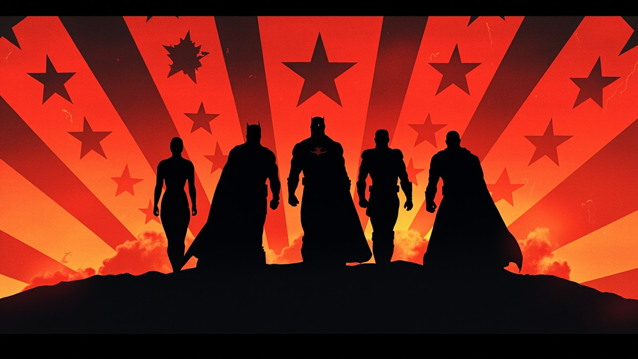 A promotional image style showing silhouetted superhero figures against a red sky with American flag imagery, stylized to suggest authoritarian propaganda