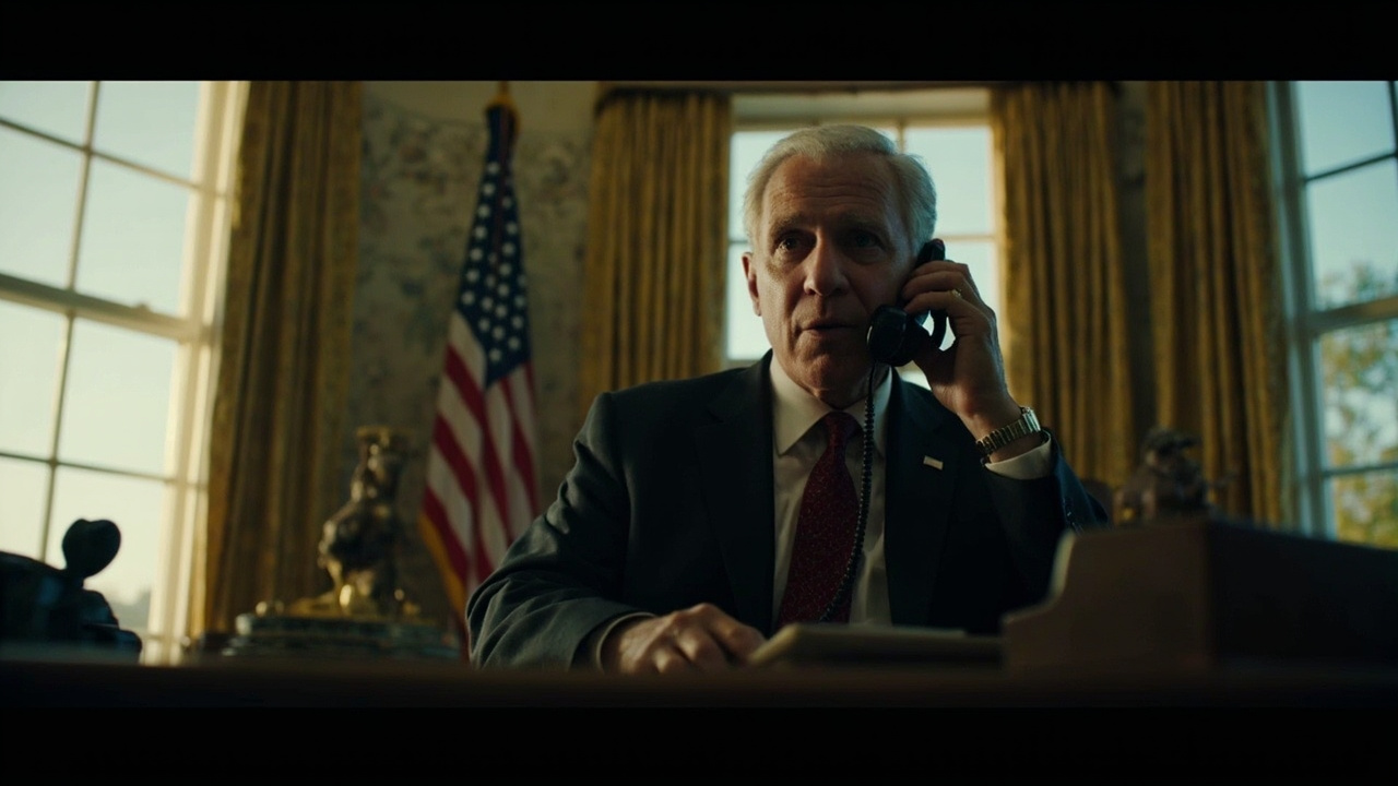 Donald Trump speaking by phone in the Oval Office, American flag visible, evening light from windows