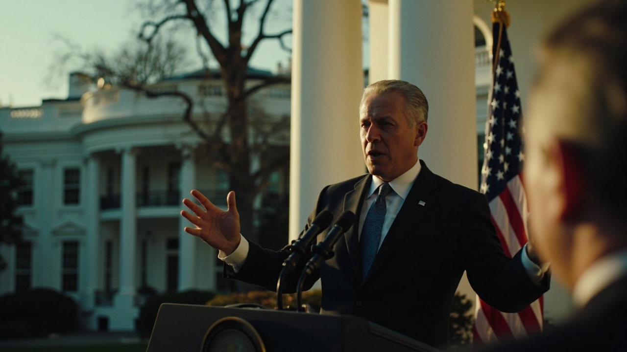 Trump speaking at a White House podium with the American flag behind him, the screen behind showing an AFP interview timestamp from Tuesday evening