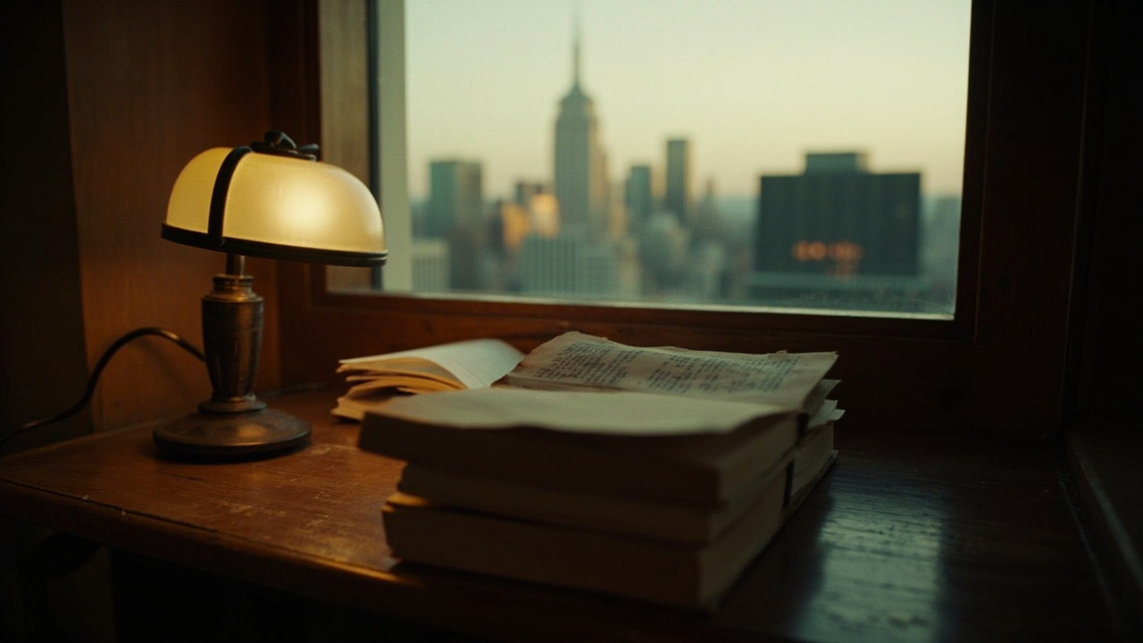 A worn copy of How German Is It on a wooden table next to a reading lamp, a New York skyline visible through a window