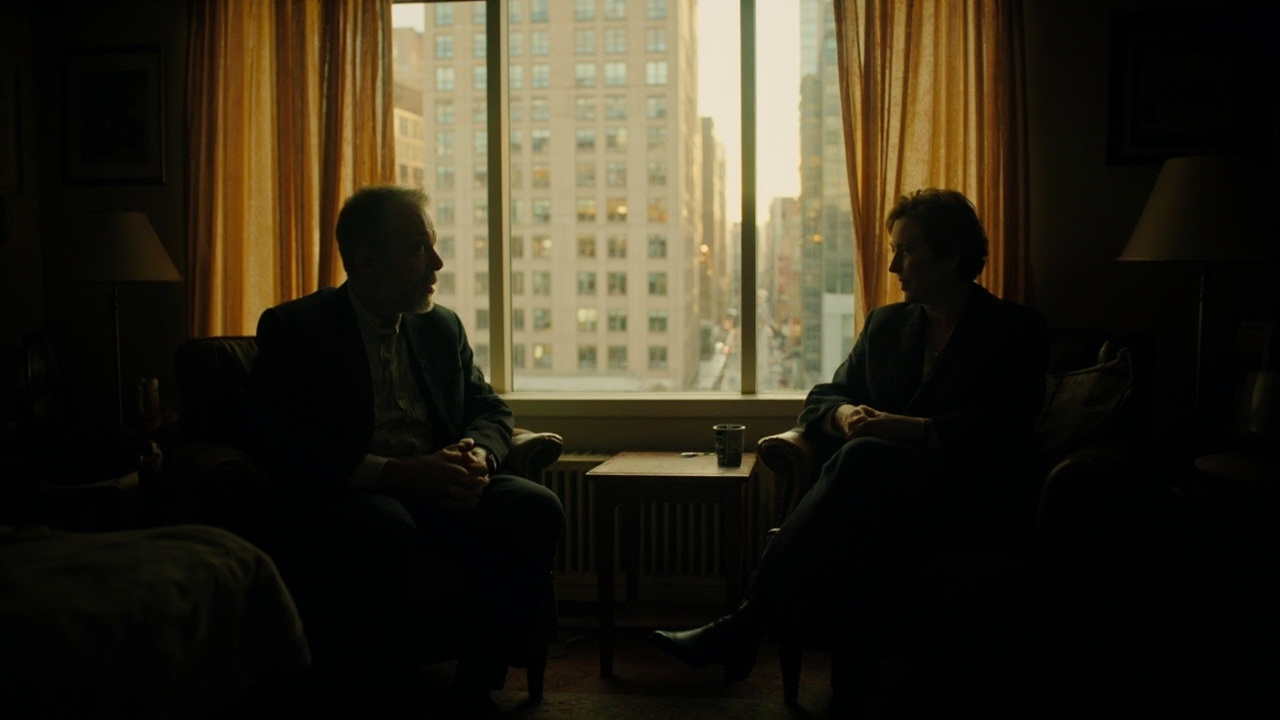 A therapy session setting with a patient and therapist in a warm-lit office, news alert visible on a phone screen between them showing ceasefire headline