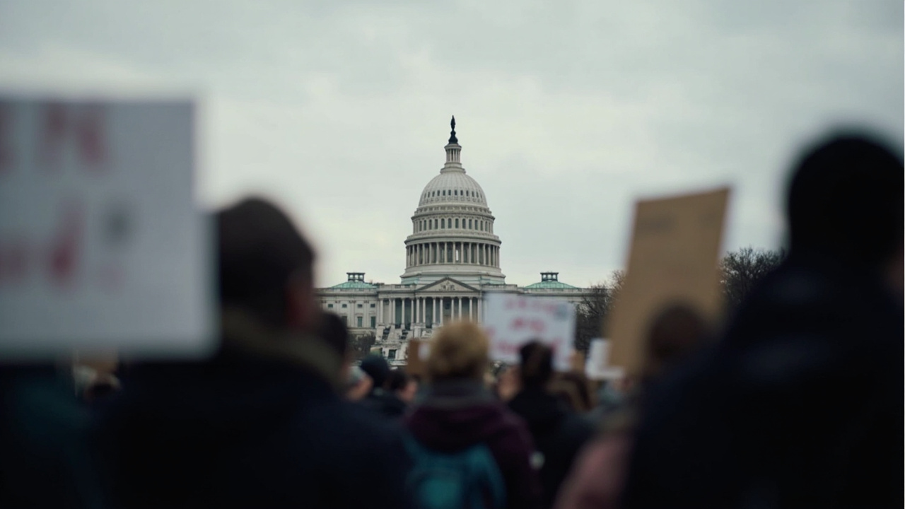 The US Capitol building under a gray sky with a protest sign partially visible in the foreground reading 'Congress Must Act'