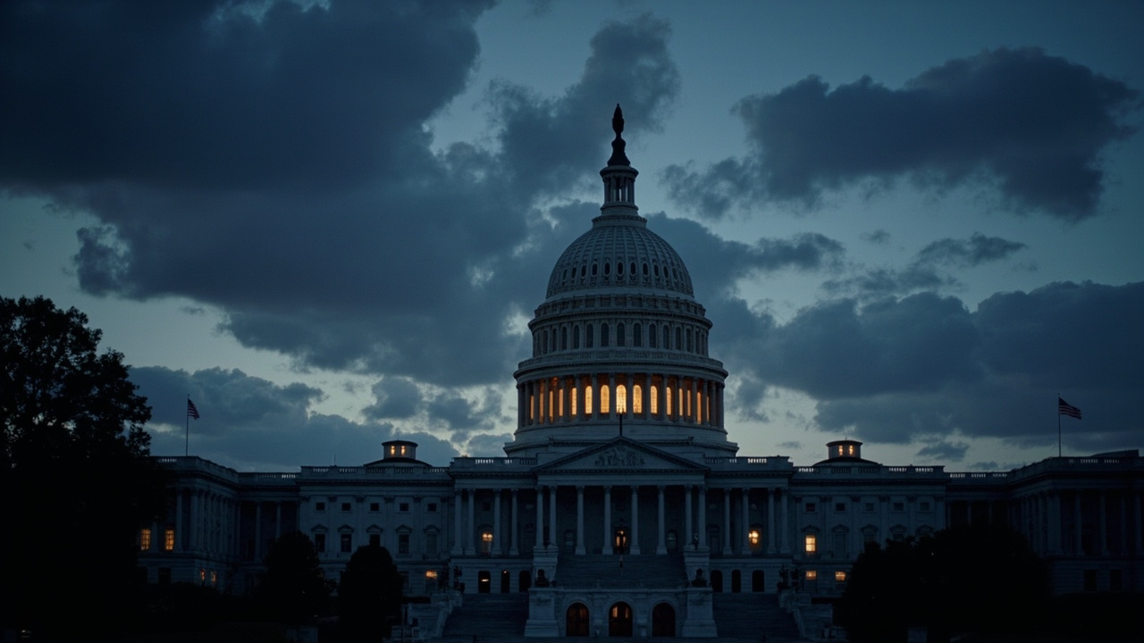 The US Capitol building at dusk with a large analog clock superimposed in the foreground