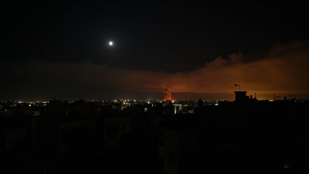Night sky over a Lebanese coastal city lit by distant explosions, smoke rising above rooftops