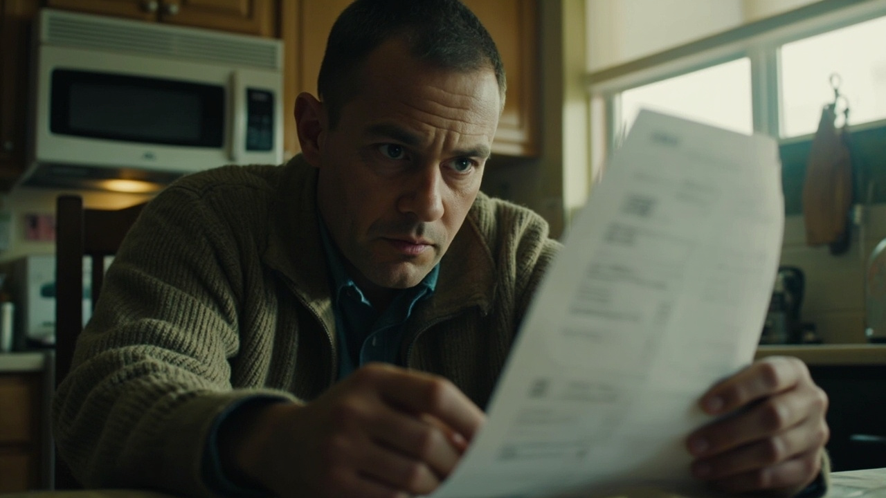 A person opening a household utility bill at a kitchen table, looking concerned, gas stove visible in background