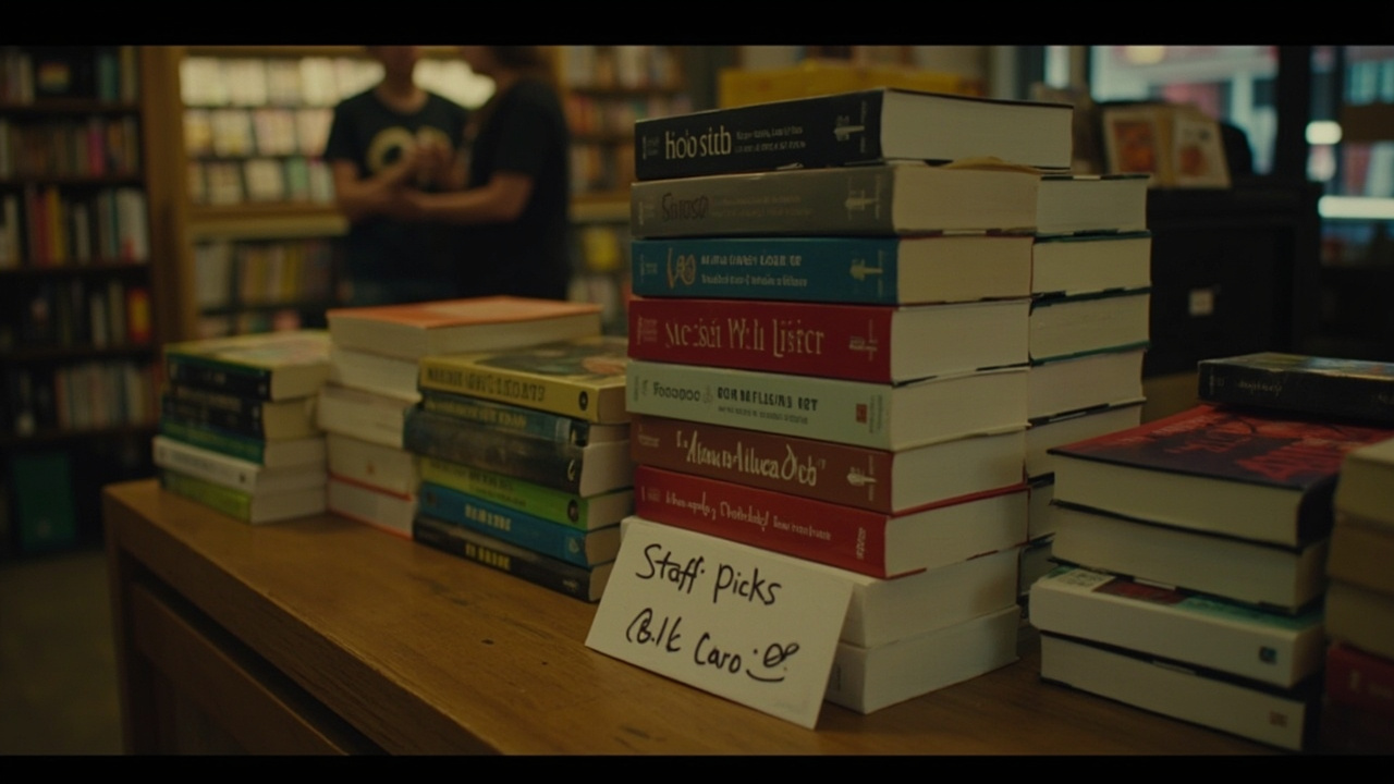 Stack of new hardcover books on a bookstore display table