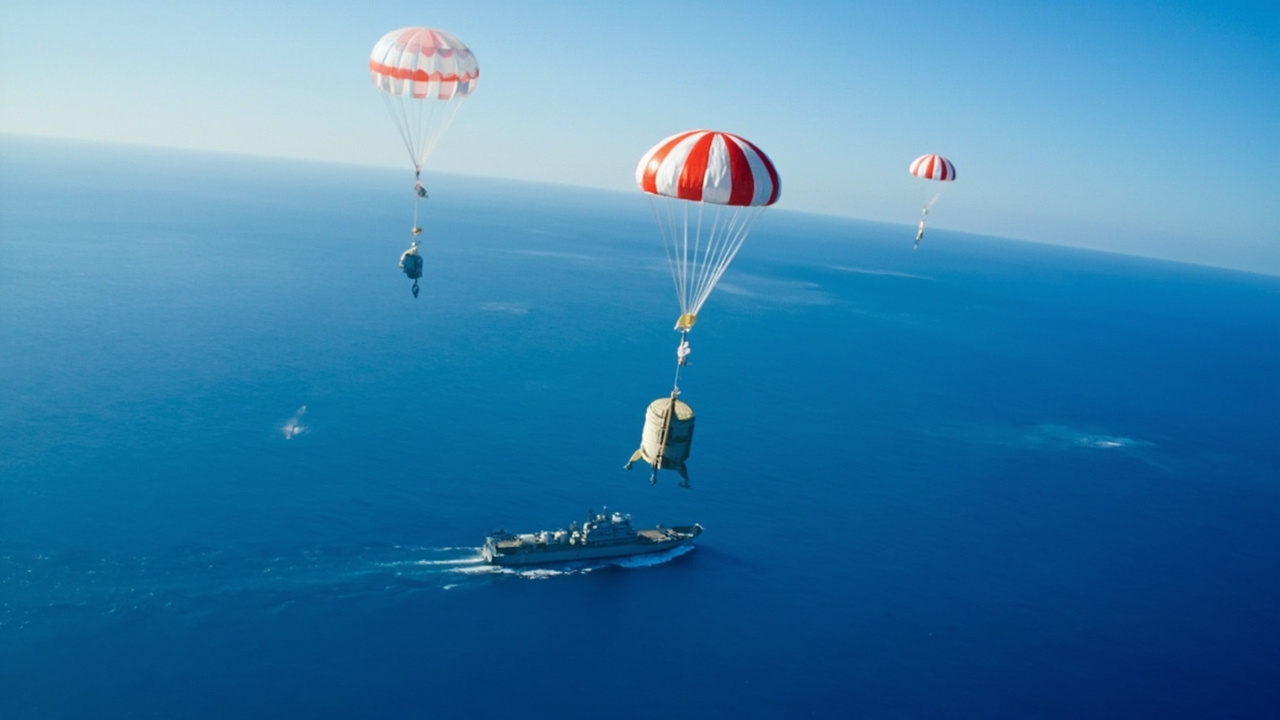 The Orion spacecraft capsule descending under parachutes toward the Pacific Ocean with Navy recovery ships below