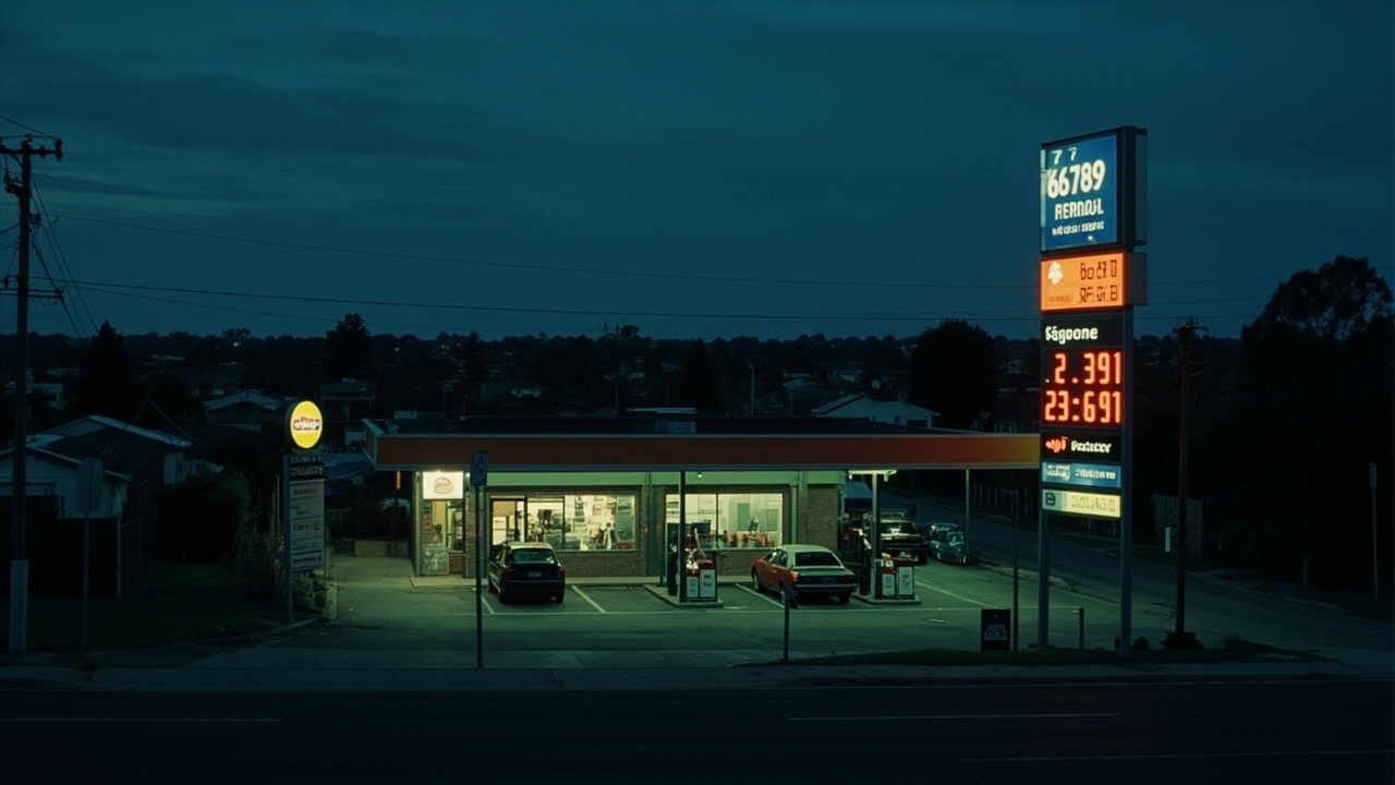 Australian petrol station with cars queuing at dusk