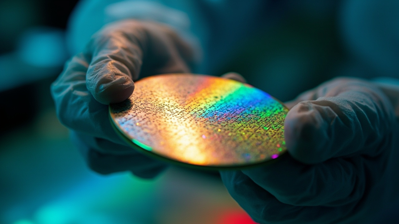 Close-up of a silicon wafer with AI chip circuitry patterns reflecting light