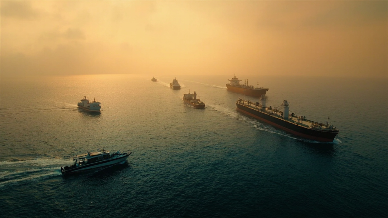 Oil tankers at standstill in the gray waters near the Strait of Hormuz, with Iranian patrol boats visible in the distance