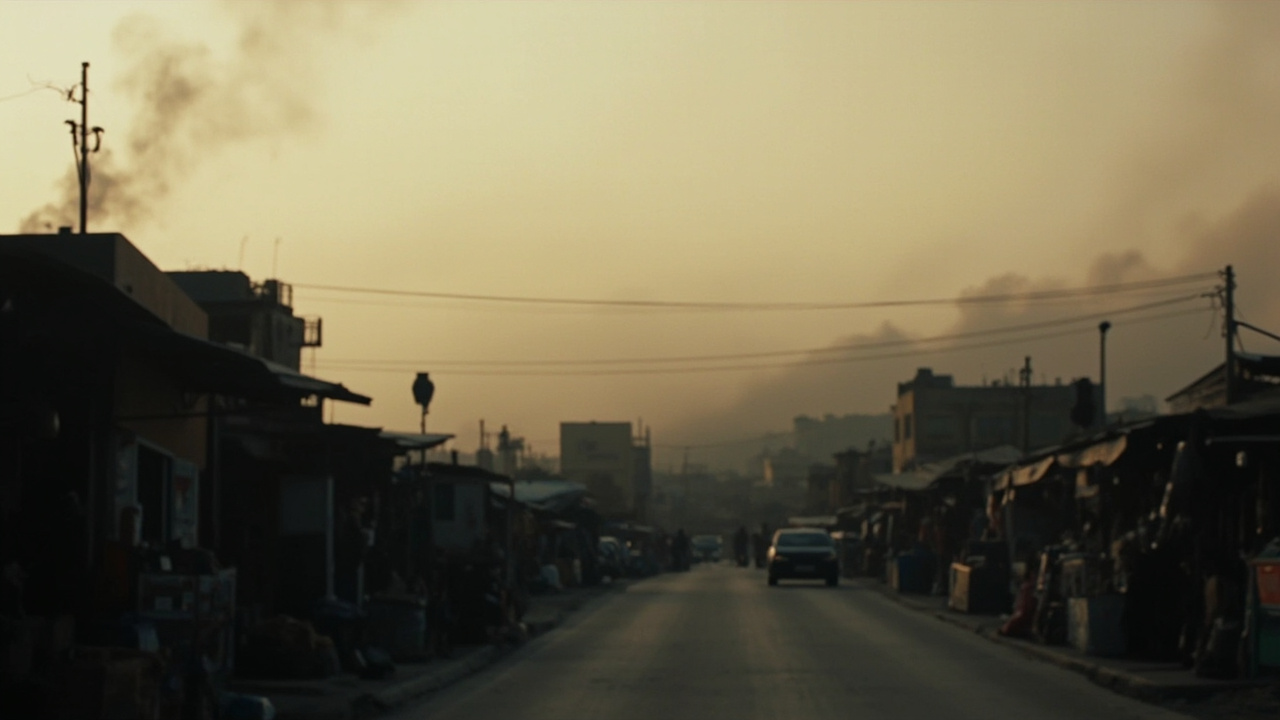 A split screen showing diplomatic talks and military activity in the Middle East