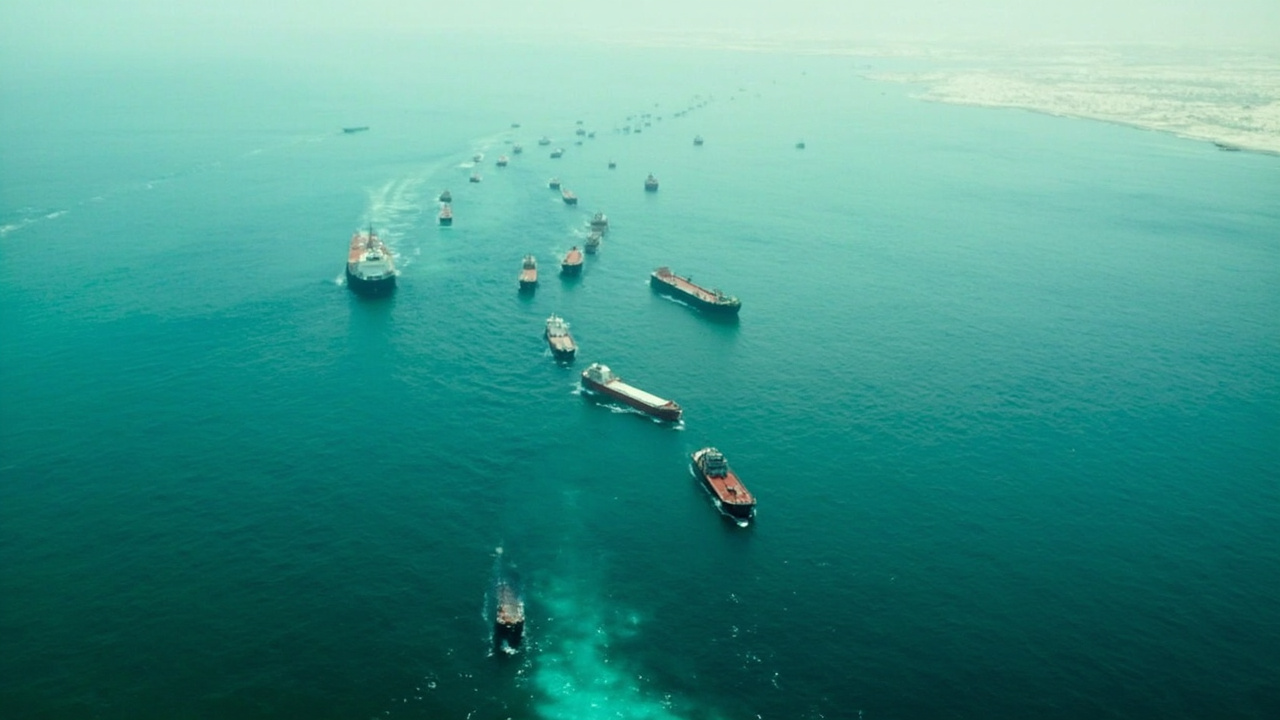 Container ships in the Strait of Hormuz viewed from above