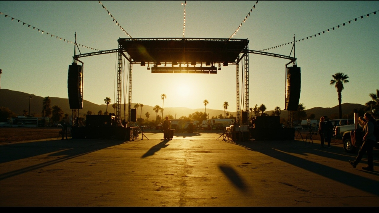 An empty desert festival stage at dawn with string lights and distant palm trees