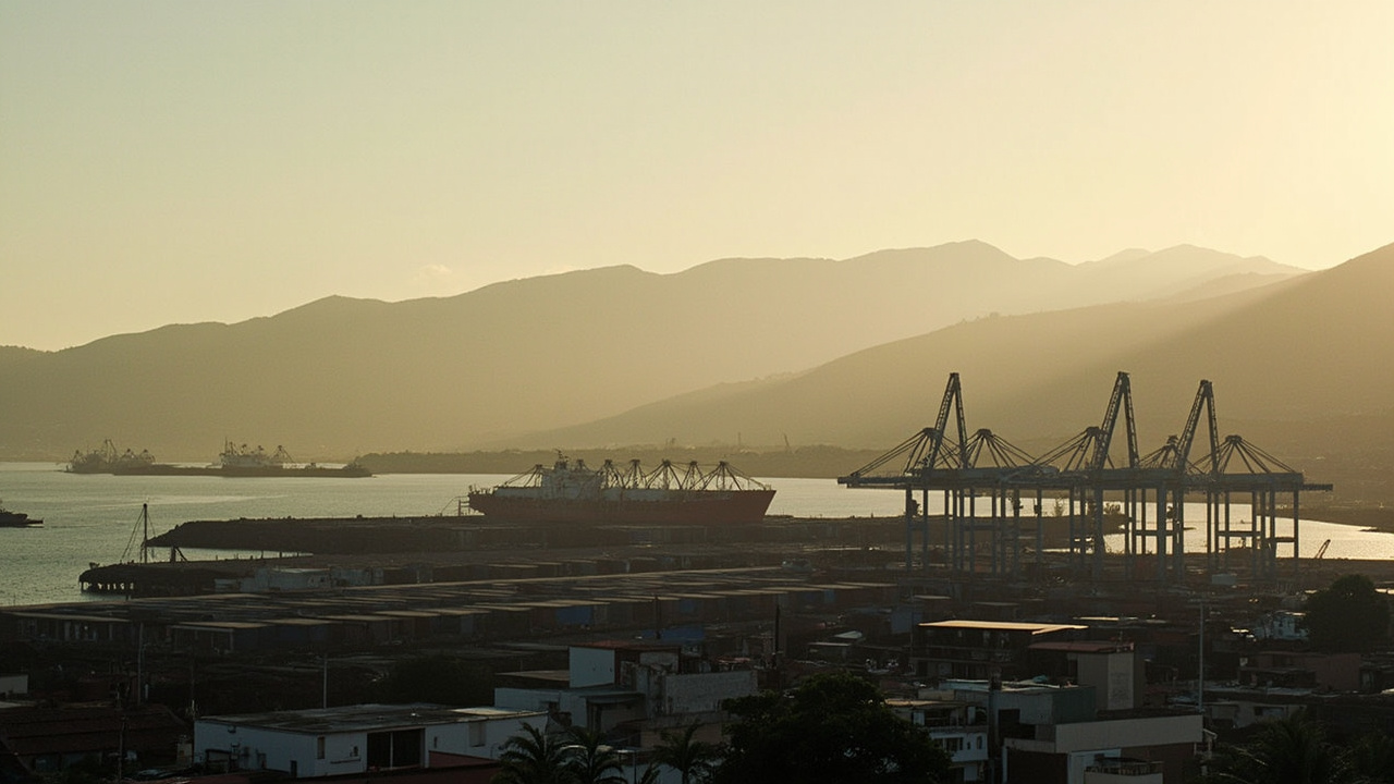 The port city of Santa Marta, Colombia, with coal export facilities visible along the coast