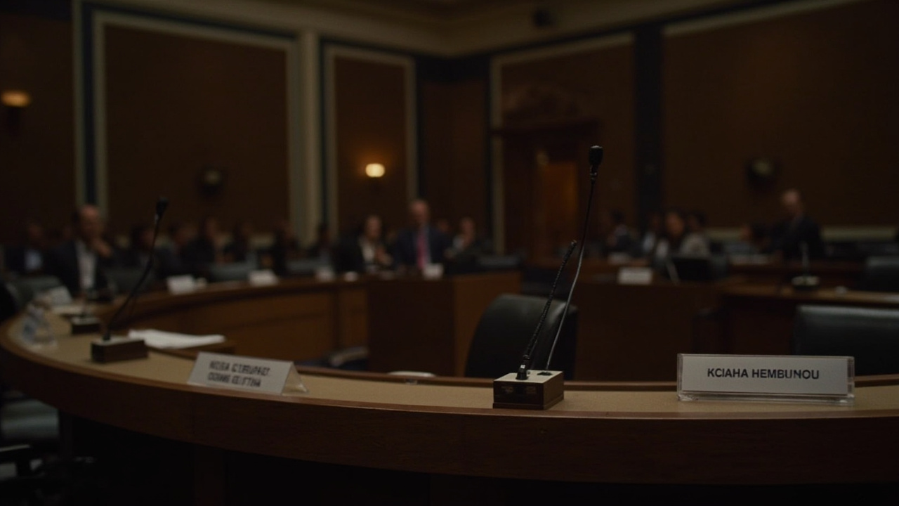 An empty congressional committee hearing room with microphones and nameplates